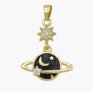 Copper Planet Pendant Black Enamel Star Pave Zirconia Gold Plated, approx 7mm, 10-19mm