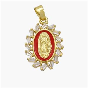 Virgin Mary Charms Copper Pendant Pave Zirconia Red Enamel Gold Plated, approx 14-18mm