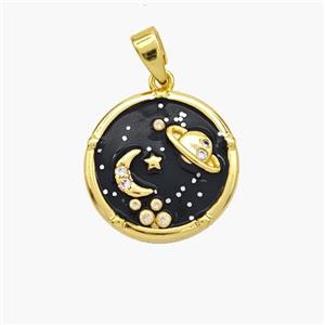 Copper Planet Pendant Black Enamel Moonstone Gold Plated, approx 16mm