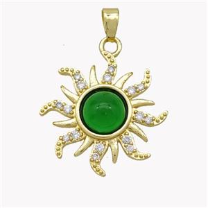 Copper Sun Pendant Pave Zirconia Green Jade Gold Plated, approx 22mm