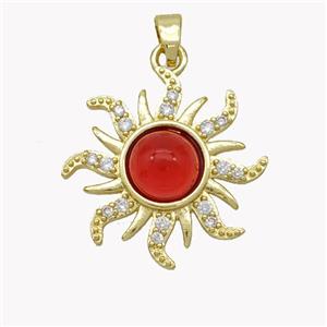 Copper Sun Pendant Pave Zirconia Red Jade Gold Plated, approx 22mm