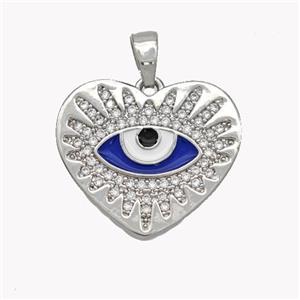 Copper Heart Pendant Pave Zirconia Blue Enamel Evil Eye Platinum Plated, approx 20mm