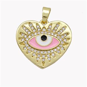 Copper Heart Pendant Pave Zirconia Pink Enamel Evil Eye Gold Plated, approx 20mm