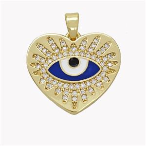 Copper Heart Pendant Pave Zirconia Blue Enamel Evil Eye Gold Plated, approx 20mm