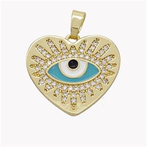 Copper Heart Pendant Pave Zirconia Teal Enamel Evil Eye Gold Plated, approx 20mm