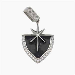 Copper Northstar Pendant Pave Zirconia Black Enamel Shield Platinum Plated, approx 20-26mm, 3-7mm