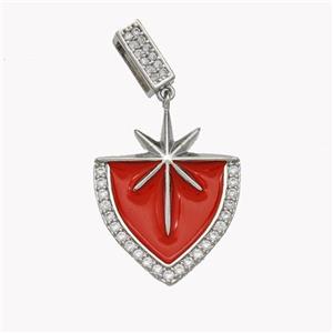 Copper Northstar Pendant Pave Zirconia Red Enamel Shield Platinum Plated, approx 20-26mm, 3-7mm