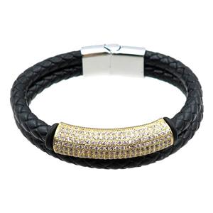 PU leather bracelet with magnetic clasp, copper tube beads pave zircon, approx 12mm, 70mm dia