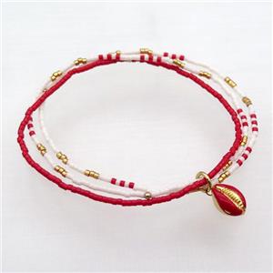 Seed Glass Bracelet 3 Strands Conch Shell Stretchy, approx 8-10mm, 1.6mm, 16cm length