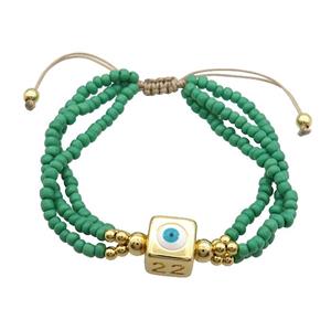 Seed Glass Bracelet Green Copper Evil Eye Adjustable, approx 10mm, 3mm, 20-24cm length