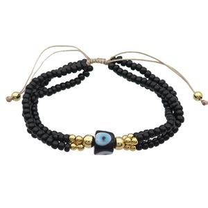 Seed Glass Bracelet Black Lampwork Evil Eye Adjustable, approx 9mm, 3mm, 20-24cm length