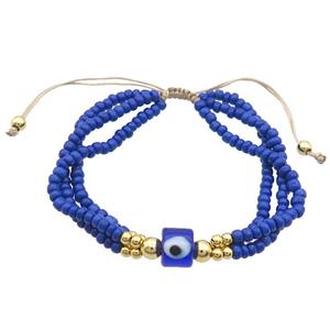 Seed Glass Bracelet Blue Lampwork Evil Eye Adjustable, approx 9mm, 3mm, 20-24cm length