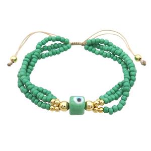 Seed Glass Bracelet Green Lampwork Evil Eye Adjustable, approx 9mm, 3mm, 20-24cm length