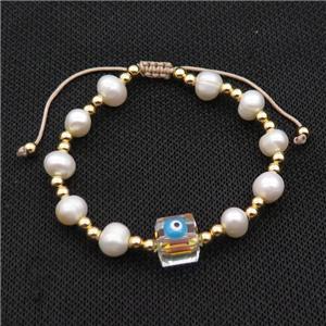 Pearl Bracelet With Evil Eye Copper Adjustable, approx 10mm, 8mm, 4mm, 20-24cm length