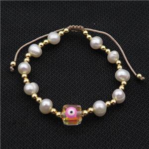 Pearl Bracelet With Evil Eye Copper Adjustable, approx 10mm, 8mm, 4mm, 20-24cm length