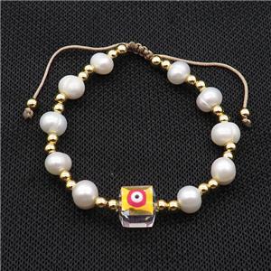 Pearl Bracelet With Evil Eye Copper Adjustable, approx 10mm, 8mm, 4mm, 20-24cm length