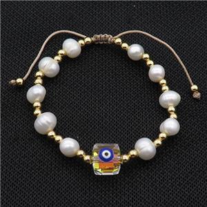 Pearl Bracelet With Evil Eye Copper Adjustable, approx 10mm, 8mm, 4mm, 20-24cm length