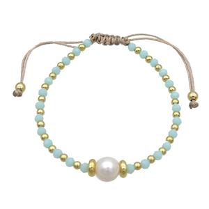 Lt.green Crystal Glass Bracelet Pearl Adjustable, approx 9mm, 3.5mm, 20-24cm length