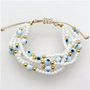 White Crystal Glass Bracelet Evil Eye Adjustable, approx 6mm, 3.5mm, 20-24cm length