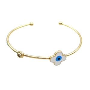 Copper Bangle White Enamel Clover Evil Eye Gold Plated, approx 14mm, 55-65mm