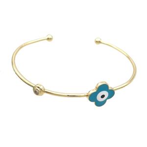 Copper Bangle Teal Enamel Clover Evil Eye Gold Plated, approx 14mm, 55-65mm