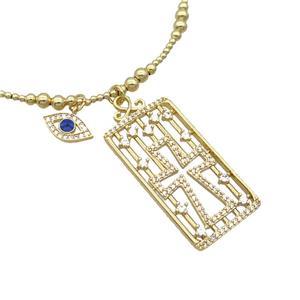 Copper Necklace Rectangle Card Pave Zircon Eye Gold Plated, approx 20-40mm, 7.5-13mm, 42-47cm length