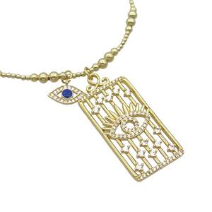 Copper Necklace Rectangle Card Pave Zircon Eye Gold Plated, approx 20-40mm, 7.5-13mm, 42-47cm length