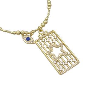 Copper Necklace Rectangle Card Pave Zircon Eye Gold Plated, approx 20-40mm, 7.5-13mm, 42-47cm length