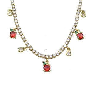 Copper Necklace Pave Crystal Glass Apple Gold Plated, approx 5-8mm, 4mm, 2.5mm, 36-43cm length