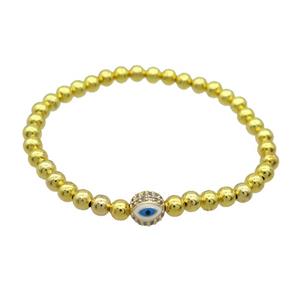 Copper Bracelet White Enamel Evil Eye Pave Zircon Stretchy Gold Plated, approx 8mm, 5mm