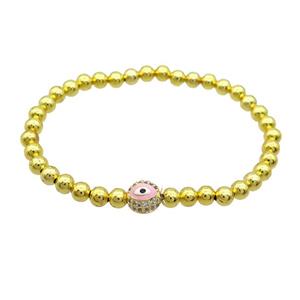 Copper Bracelet Pink Enamel Evil Eye Pave Zircon Stretchy Gold Plated, approx 10mm, 5mm