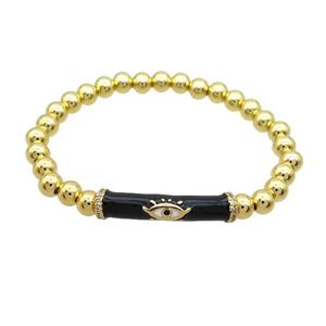 Copper Bracelet Black Enamel Evil Eye Pave Zircon Stretchy Gold Plated, approx 7-30mm, 6mm