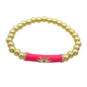 Copper Bracelet Red Enamel Evil Eye Pave Zircon Stretchy Gold Plated, approx 7-30mm, 6mm