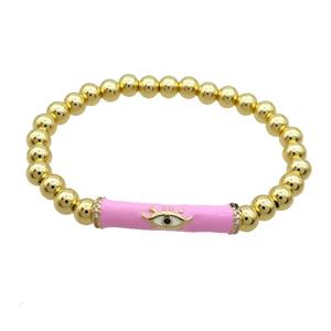 Copper Bracelet Pink Enamel Evil Eye Pave Zircon Stretchy Gold Plated, approx 7-30mm, 6mm