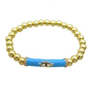 Copper Bracelet Blue Enamel Evil Eye Pave Zircon Stretchy Gold Plated, approx 7-30mm, 6mm