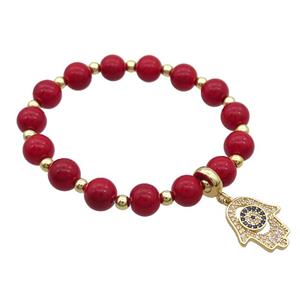 Red Resin Bracelet Hamsahand Pave Zircon Stretchy, approx 15-17mm, 8mm