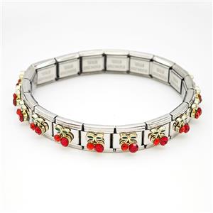 Stainless Steel Module Bracelet Strawberry Pave Rhinestone, approx 9mm, 17cm length