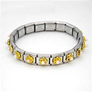 Stainless Steel Module Bracelet Flower Pave Pearlized Resin, approx 9mm, 17cm length