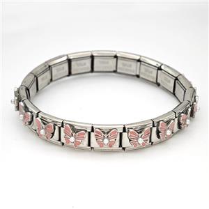 Stainless Steel Module Bracelet Butterfly Pink Enamel, approx 9mm, 17cm length