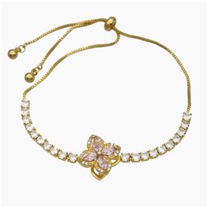 Copper Bracelet Pave Crystal Glass Clover Adjustable Gold Plated, approx 16mm, 3mm, 24cm length