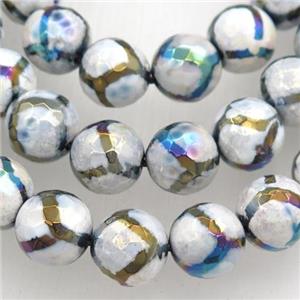 faceted round Tibetan Agate beads, football, AB color electroplated, approx 12mm dia