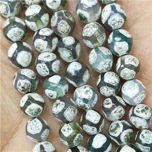 green Tibetan Agate Beads football faceted round, approx 8mm dia