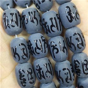 Black Onyx Agate Buddhist Beads Barrel Om Mani Padme Hum Matte, approx 10-14mm