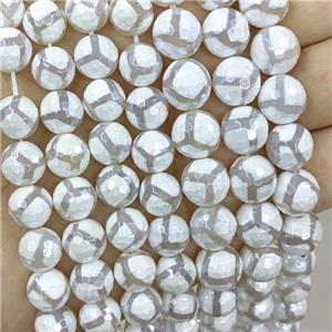 White Tibetan Agate Beads Faceted Round Football Electroplated, approx 8mm dia