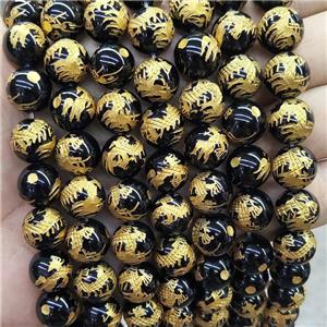 Natural Black Onyx Agate Beads Round Carved, approx 10mm dia