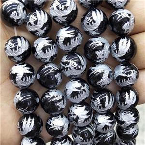 Natural Black Onyx Agate Beads Round Carved, approx 14mm dia