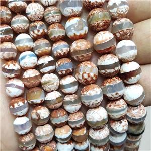 Tibetan Agate Beads Faceted Round Line Brown, approx 10mm dia