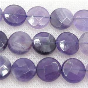 purple Amethyst beads, faceted circle, approx 14mm dia