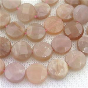 peach moonstone beads, faceted circle, approx 10mm dia