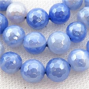 blue striped Agate beads, faceted round, light electroplated, approx 8mm dia